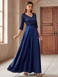 MIUSOL Đầm maxi dự tiệc trang trọng, tay lửng 3/4, cổ tim đính sequin và ren hoa phối satin tương phản, kiểu dáng thanh lịch dành cho nữ, đầm dạ hội trang trọng, đầm dự tiệc prom, đầm dự đám cưới, đầm tốt nghiệp, đầm dự tiệc tối, đầm Valentine mùa xuân. - Màu xanh hải quân - Xem 5