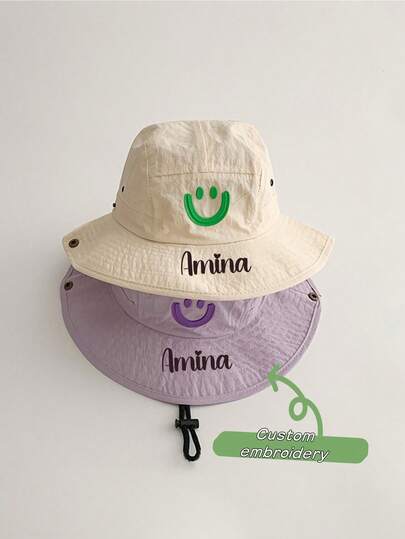 Customizable Embroidered Name Bucket Hat, Size 48-52cm, Cute Smiling Face Design, Casual Sun Hat For Children Aged 1-6 Years Old, Suitable For Kindergarten Outdoor Wear, Customizable Letters As Gifts, Birthday Presents
