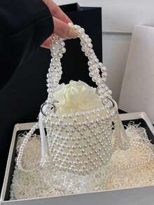 Women's Acrylic Beaded Chain Strap Crossbody Bag, Fashionable Mini Bucket Bag, Versatile - White - View 2