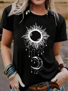 Women's Printed Loose Round Neck Women's Sun And Moon Printed Short Sleeved Shoulder T-Shirt Women's Top