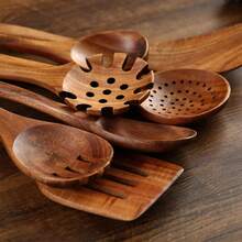 8PCS/7PCS/1PC Wooden Kitchen Cooking Utensils, 8 Pcs Natural Teak Wooden Spoons Spatulas And Wooden Storage Barrel For Non-Stick Pan - Brown - View 6