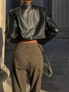 Women's Faux Leather Crop Jacket Button Down Long Sleeve Casual Jacket Outerwear Short Coat Streetwear - Black - View 4