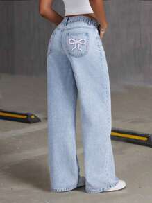 Girl & Teen Girls Fashion Street Style Jeans, Bow Embroidery Detail, Comfortable And Casual