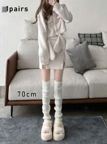 1 双女士纯色竖条纹保暖装饰可爱腿套，适合春秋冬季秋季配饰