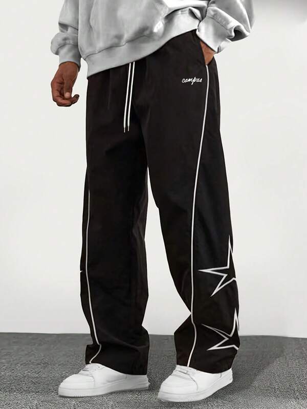 Men's Loose Fit Star & Letter Print Straight Leg Casual Pants, Versatile For All Seasons