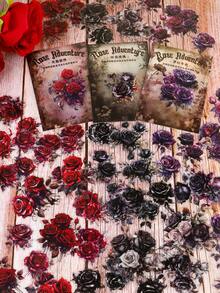 YANJI 30pcs/Pack Vintage Rose Flower Stickers, Creative Aesthetic Decor Stickers, Holiday Gift, DIY Scrapbooking Materials, Personalized Sticker For School Supplies,School Supplies,Back To School - Black - View 3