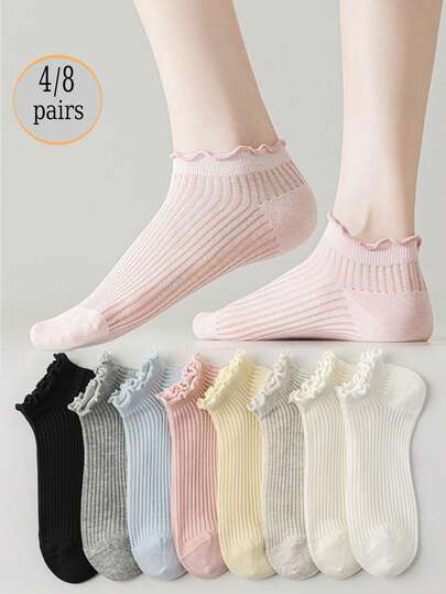 4/5/8 双女士纯色经典百搭透气荷叶边短袜，可爱甜美日常休闲镂空面料荷叶边洛丽塔风格简约竖条纹蕾丝边袜子，适合日常、休闲、运动、旅行、送礼、所有季节