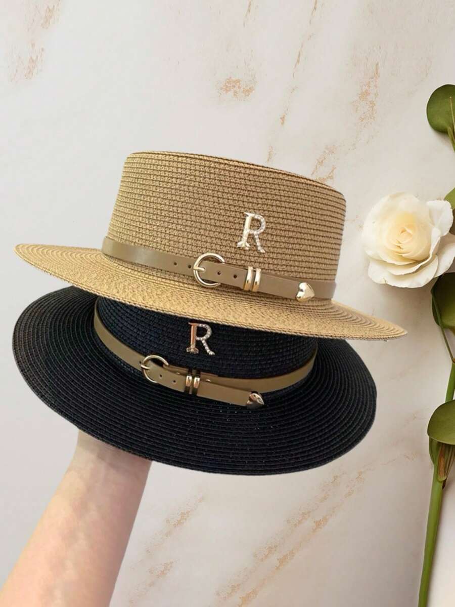 Women's Fashionable English Style Flat Top Straw Hat With Rhinestone R Letter And Leather Strap Decoration, Summer Outdoor Travel Sun Hat - Khaki - View 1