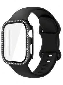 2pcs/Set Women Fashionable Soft Comfortable Adjustable Silicone Sport Watch Strap & Rhinestone Decor Anti-Fall 2 In 1 Ultra-Thin Tempered Glass Screen Protector Case, Compatible With Apple Watch Band 38/40/41/42/44/45/46/49mm, Compatible With Apple Watch Series Ultra/SE/10/9/8/7/6/5/4/3/2/1, Intelligent Watch Accessories