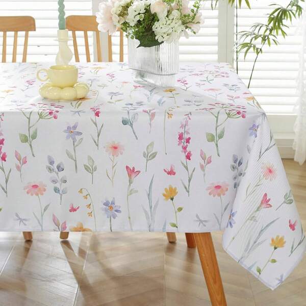 1 pieza Mantel de mesa con diseño floral para primavera/verano, mantel decorativo de poliéster con flores en estilo acuarela, lavable, adecuado para el hogar, sala de estar, picnic, reuniones, eventos al aire libre