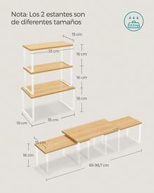 SONGMICS Organizzatori Armadio da Cucina, Set di 3 Scafali da Banco, Impilabili, Portaspezie Espandibile, in Metallo e Bambù, Bianco Nuvola e Beige Naturale - Bianco - Visualizzare 3