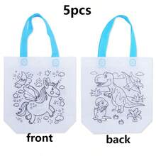 5 件双面恐龙独角兽彩色手提袋 DIY 绘画颜料工艺套装可重复使用礼品包装派对礼物