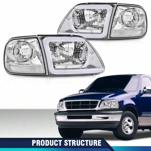 LED DRL Strip Headlights, Compatible With 1997-2002  Expedition, Compatible With 1998-2004  F150/1997-1999 F250, Driver And Passenger Side,Clear Lens Chrome Housing Clear Reflector