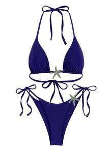 New Sexy Solid Turquoise Starfish Women's Bikini Swimsuit, Suitable For Beach, Vacation, Party, Date In Spring/Summer - Blue - View 2