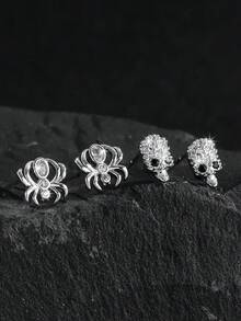 1 Pair Retro Spider & Glittering Rhinestone Skull Design Men's Stud Earrings, Street Style - Silver - View 6