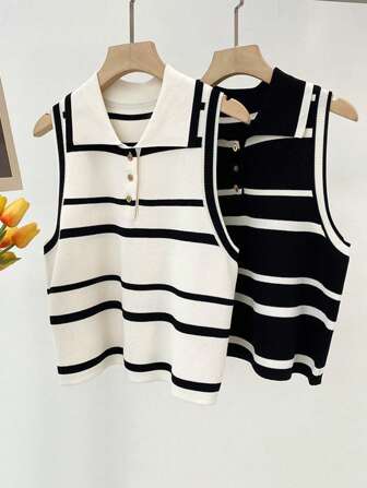 1pc Women's Black & White Striped School-Inspired Polo Collar Knit Sleeveless Vest, Fashionable Ageless Versatile Faux Collar