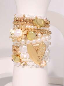 12 قطعة من الأساور مجموعة أنيقة ذات زخرفة من اللؤلؤ البروكي والزهور والقلوب الذهبية، مناسبة للسيدات في المناسبات الاجتماعية والحفلات - متعدد الألوان - مشاهدة 4