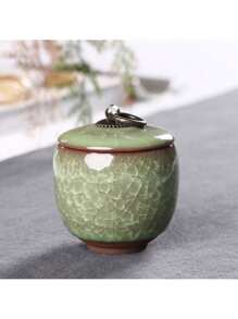 1pc Small Size Ceramic Crackle Glaze Purple Clay Mini Tea Canister, Air-Tight Seal Small Green Spice Jar, Plaster Storage Canister For Coffee Beans Back To School