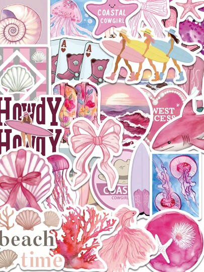 50 piezas de pegatinas estéticas de vaquera feliz de playa en color rosa, decoración de fiesta disco, pegatinas impermeables de vaquera occidental para botellas de agua, portátiles, monopatines, decoración preparatoria rosa para dormitorio de adolescente, regalo de regreso a la escuela