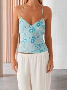 Women Camisole, Sleeveless Tops V-Neck Backless Flower Summer Vest For Party Club - 藍色 - 查看 2