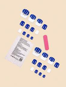 24PCS Summer Blue Striped Rhinestone Toenails Nails Press On And 1 Nail File Strip+1 Double-Sided Tape - Blue - View 3