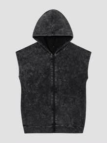 Shwiy 男士做旧水洗宽松无袖连帽朋克摇滚乐队背心，适合音乐节和演唱会，黑色连帽背心