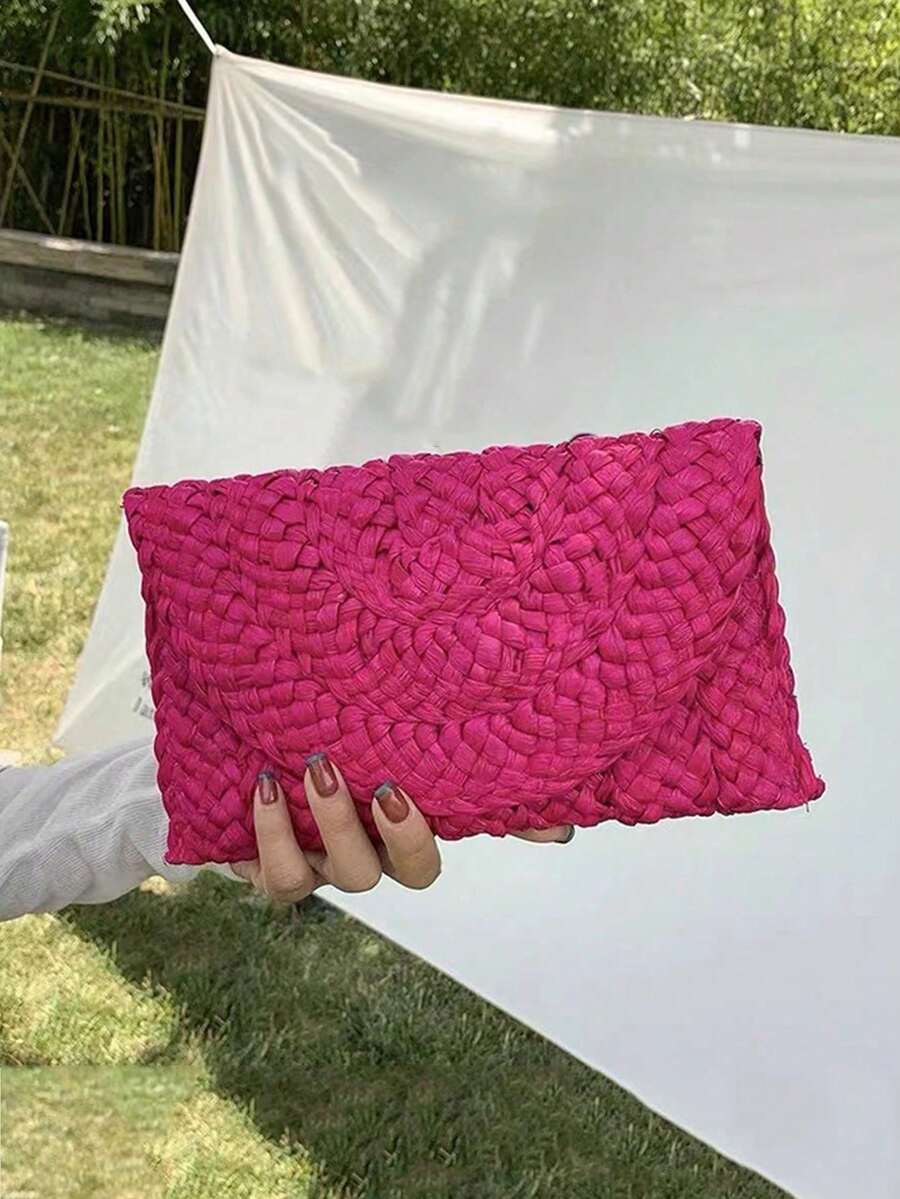 Yogodlns Corn Husk Weave Dinner Clutch Bag Women's Fashion Simple Solid Straw Large Purse Woman Summer Casual - Hot Pink - View 1
