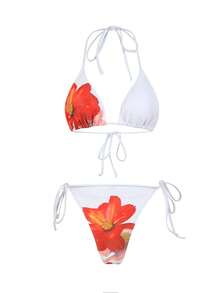 3 Stücke Set mit Sommer-Blumen Muster-Camisole, Spaghettiträger-Bikini-Bademode-Set und Rock für Damen