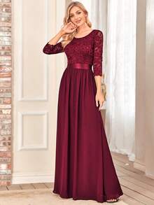 EVERPRETTY Gaun Malam Merah Anggur Elegan dengan Leher Bulat, Lengan Sedang, Renda, dan Pinggang Tinggi - Anggur merah - View 3