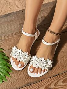 Plus Size Women Embroidered Comfortable Elastic Band Flat Sandals,Summer Outfits - White - View 3