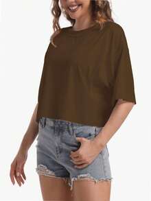 Women's  Casual Basic Workout Gym Short Sleeve Crop Tops Loose  T-Shirts - Brown - View 3