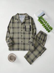 男士舒适新款两件套睡衣套装 - 格子长袖衬衫 - 格子长裤 - 舒适休闲睡衣，秋冬服装 - 棕色 - 查看 4