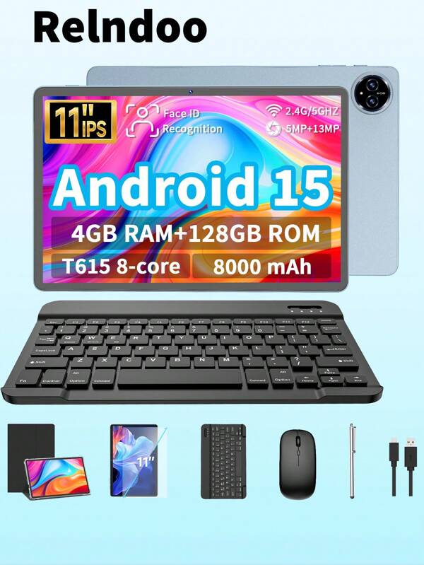 Relndoo Tablette Android 15 pouces avec clavier et souris, tablette 2 en 1 de 11 pouces (avec housse pour ordinateur portable, stylet, câble de données), processeur Octa-Core T615 2.0 GHz, 4 Go de RAM + 128 Go de ROM, caméra double 5 MP + 13 MP, écran tactile HD 1280*800 px, batterie haute capacité 8000 mAh, prise en charge de l'extension SD jusqu'à 1 To, Wi-Fi 802.11n 2,4 G / 5 G, GPS, PC tablette certifiée (sans adaptateur) - Noir