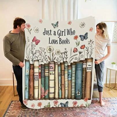 Cozy Flannel Blanket With "Just A Girl Who Loves Books" Design - Soft, Warm, Tear-Resistant, Perfect Gift For Book Lovers, Ideal For Napping, Camping, Travel And Home Decor, Mixed Colors, Stain-Resistant, All Season, Camping Blanket | Whimsical Blanket Design