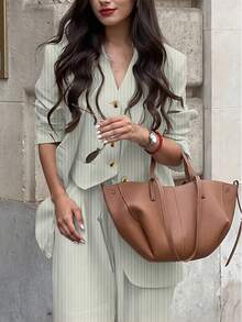 女士休闲/工作条纹夹克、裤子和背心三件套西装套装，春夏 - 米色 - 查看 8