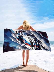 1pc Modern Blue And White Sports Car Beach Towel, Tropical Print Beach Towels, Large Beach Towel, Beach Blanket, Microfiber Towel, Picnic Mat 2-In-1 Oversized Polyester Beach Blanket, Sand Resistant Quick Drying Towel, Summer Travel Essentials, Playa,Camping, Bathroom, Swimming Pool, Beach Essentials, Bathroom Bath Towel, Cruise Ship Essentials, Beach Accessories, Hawaii,Birthday Present. Holiday Bathroom Decor