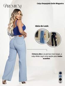 Women's Wide Leg Jeans, High-Rise, 100% Premium Cotton, Wide Leg, Marbled Blogger - 淺色水洗藍 - 查看 3