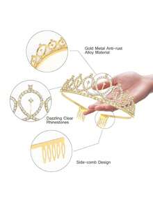 2 件套闪亮水钻水晶皇冠头饰生日装饰生日缎带派对用品 - 淺金色 - 查看 5