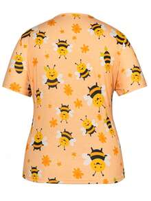 Women's Spring & Summer Cartoon Bee V-Neck Scrub Short Sleeve Nurse Uniform Tops With Pockets For Women - Multicolor - View 2