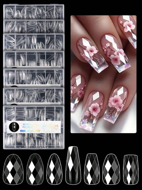 120 piezas/caja Consejos para uñas en forma de almendra/ataúd/cuadradas - Uñas postizas transparentes con diseño geométrico brillante y decoración de diamantes en forma de rombo - Uñas acrílicas de adherencia mejorada y ajuste natural para aplicar