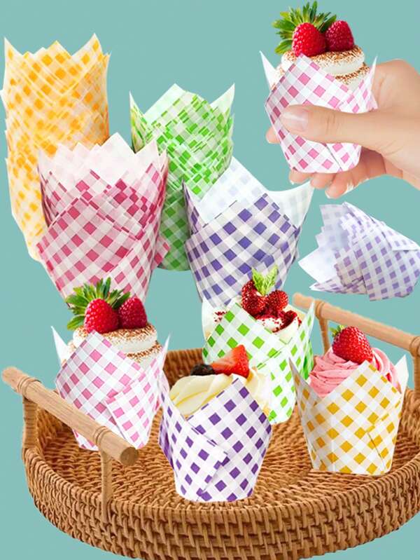 50 unidades de caissettes cupcake estilo tulipán a cuadros, incluye caissettes de color verde, amarillo, morado y rosa, adecuados para bodas, cumpleaños, pasteles, magdalenas, artículos para fiestas