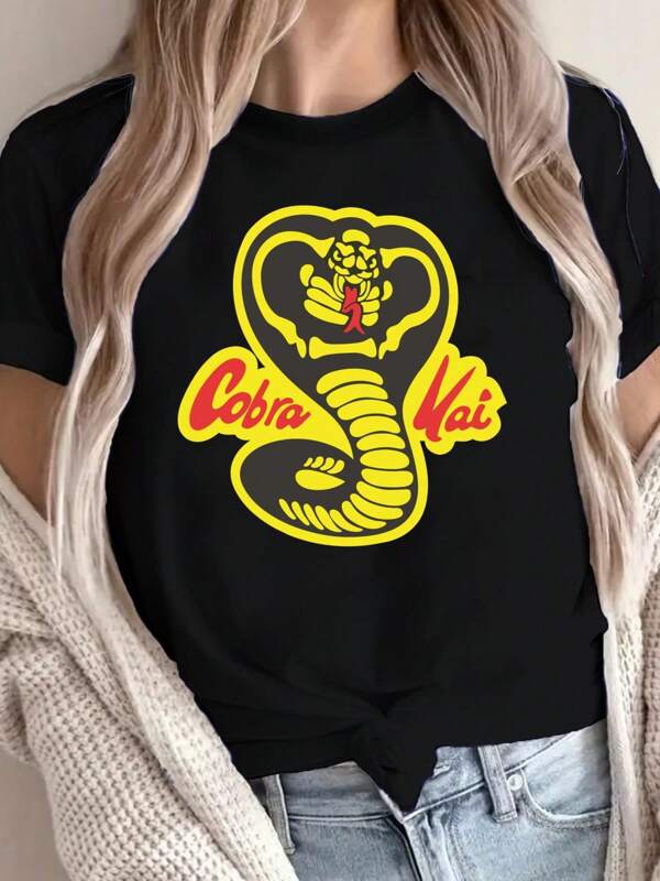 Maglietta con stampa alla moda con motivo a cobra e teschio, maglietta da donna estiva casual da 220 g, girocollo, pesante, in puro cotone a maniche corte (1 pezzo)