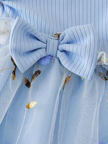 新款欧美风格宝宝女童长袖网眼连衣裙，儿童连衣裙 - 藍色 - 查看 7