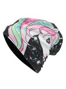 Berretto oversized da donna con stampa di unicorno cartoni animati, berretto elastico a doppio strato in pile, cappello da chemioterapia caldo e carino per uso quotidiano