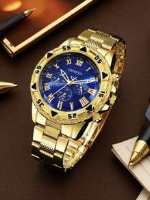 4pcs Fashion Business Leisure Men's Watch, Large Dial Round Steel Strip Men's Quartz Watch, Paired With Personalized Chain Bracelet, Cross Pendant Necklace, Ring Combination Jewelry Set, Suitable For Men's Gift Giving, Suitable For Festivals, Business, Parties, And Daily Wear