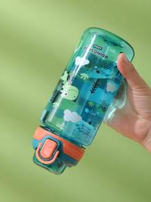 1pc 600ml Outdoor Sports Water Bottle With Straw, Cute Full Body Dinosaur Cartoon Plastic Water Cup