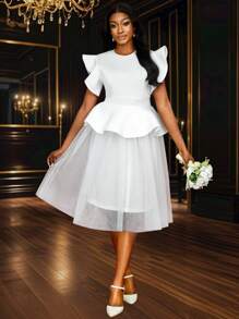 Vestido de novia, vestido de fiesta, vestido de graduación de mujer con mangas cortas con volantes, Body evasé de tul y longitud midi