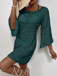 Elegantes, blaugrünes Off-Shoulder Häkelkleid für Damen – Glockenärmel, perfekt für den Strandurlaub, leichter Polyester-Strickstoff, lässiges Sommerkleid | Häkeldesign | Aufwendige Häkelarbeit, Cut Out