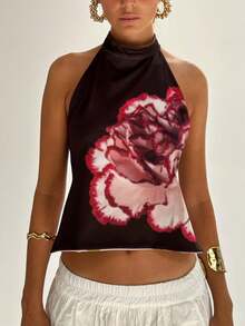 Women Y2k Floral Tie Top Coquette Boho Bow Backless Sleeveless Tank Top Summer Going Out Cami Top Fairy Streetwear - 黑色 - 查看 1