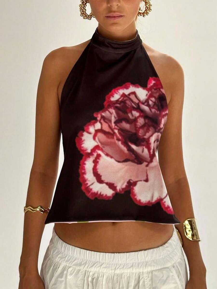 Women Y2k Floral Tie Top Coquette Boho Bow Backless Sleeveless Tank Top Summer Going Out Cami Top Fairy Streetwear - 黑色 - 查看 1
